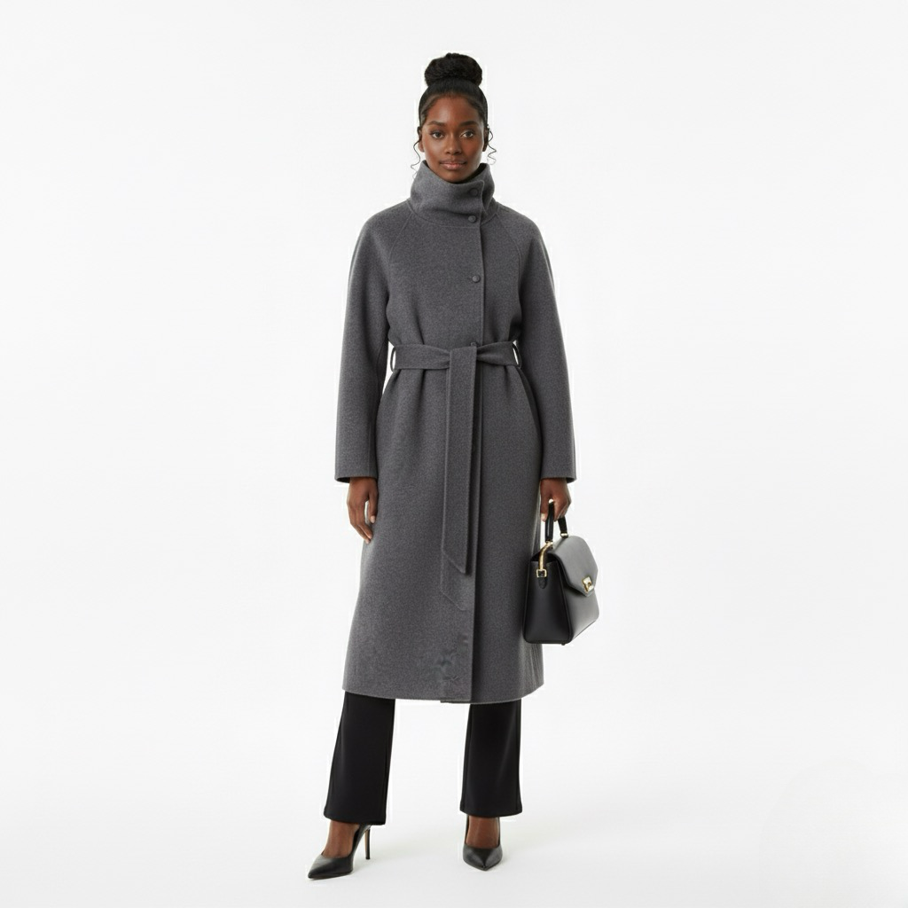 Elegant Woolen Lace-Up Coat – High Neck, Single-Breasted, with Pockets