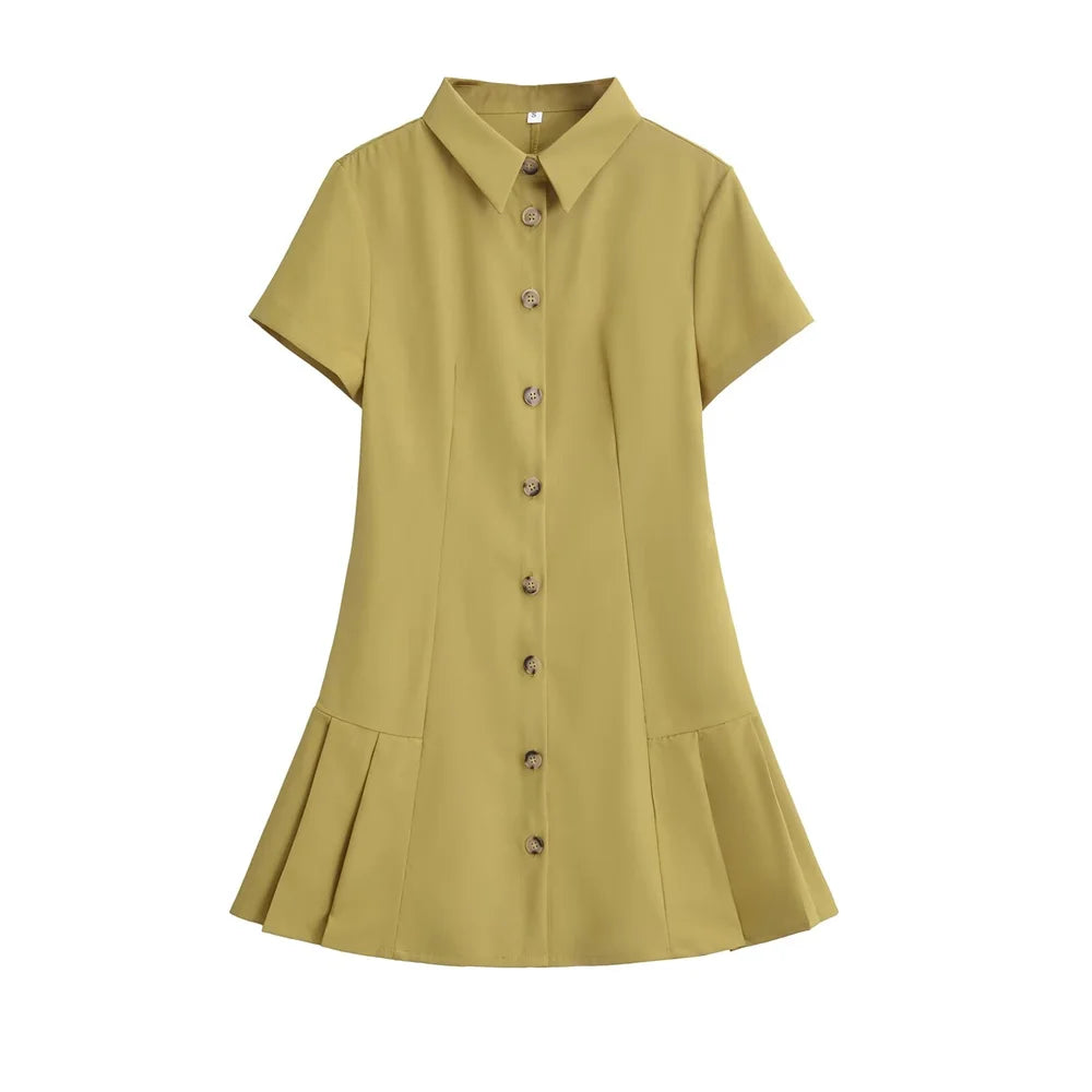 Flip Collar Short Sleeve Single breasted Shirt Style Mini Dress