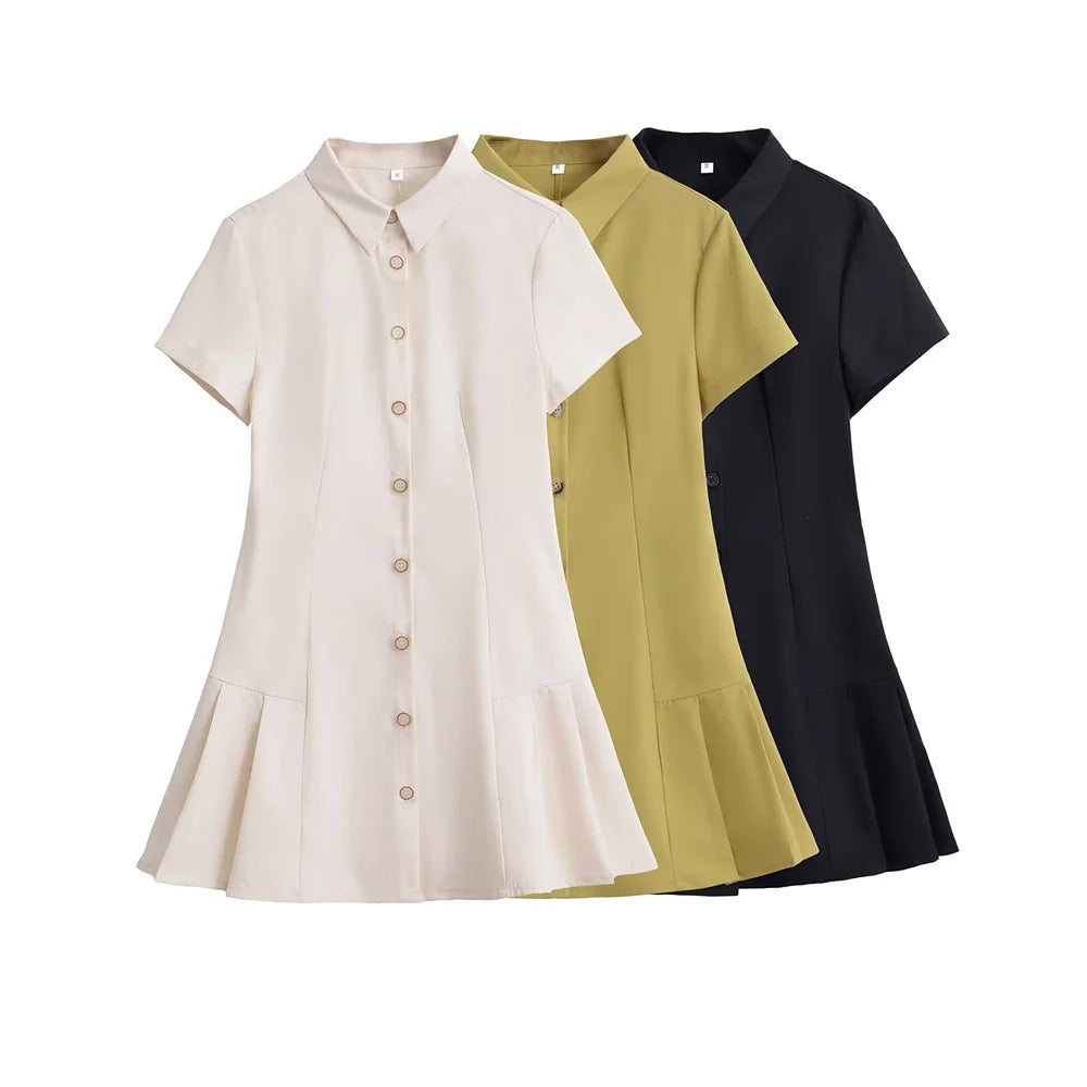 Flip Collar Short Sleeve Single breasted Shirt Style Mini Dress