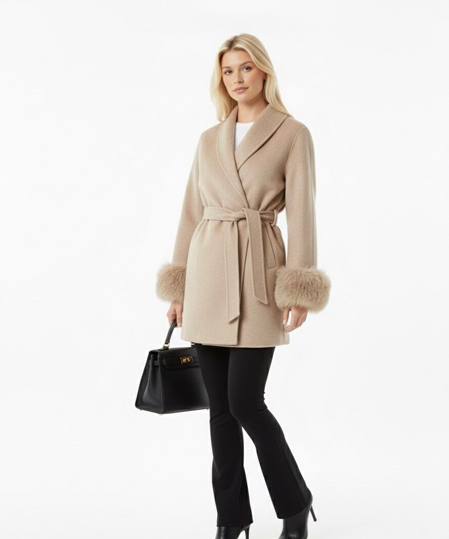 Elegant Woolen Coat – Fur Patchwork, Long Sleeve Jacket