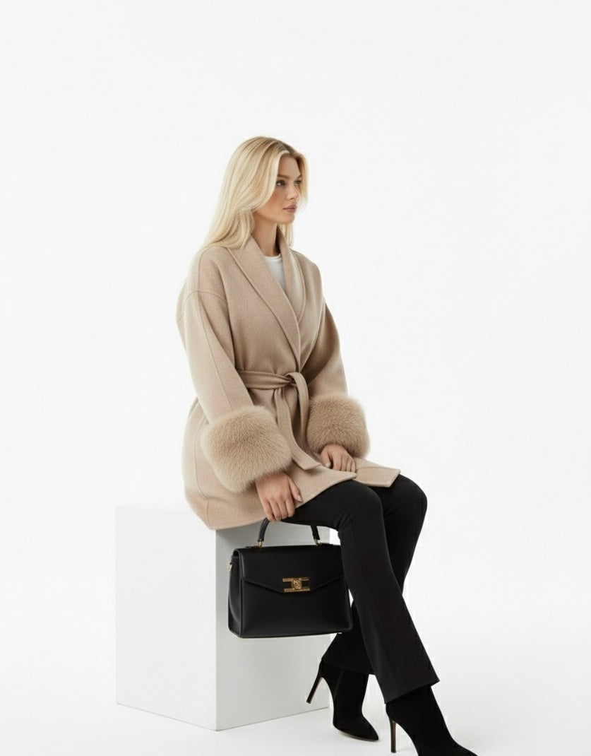Elegant Woolen Coat – Fur Patchwork, Long Sleeve Jacket