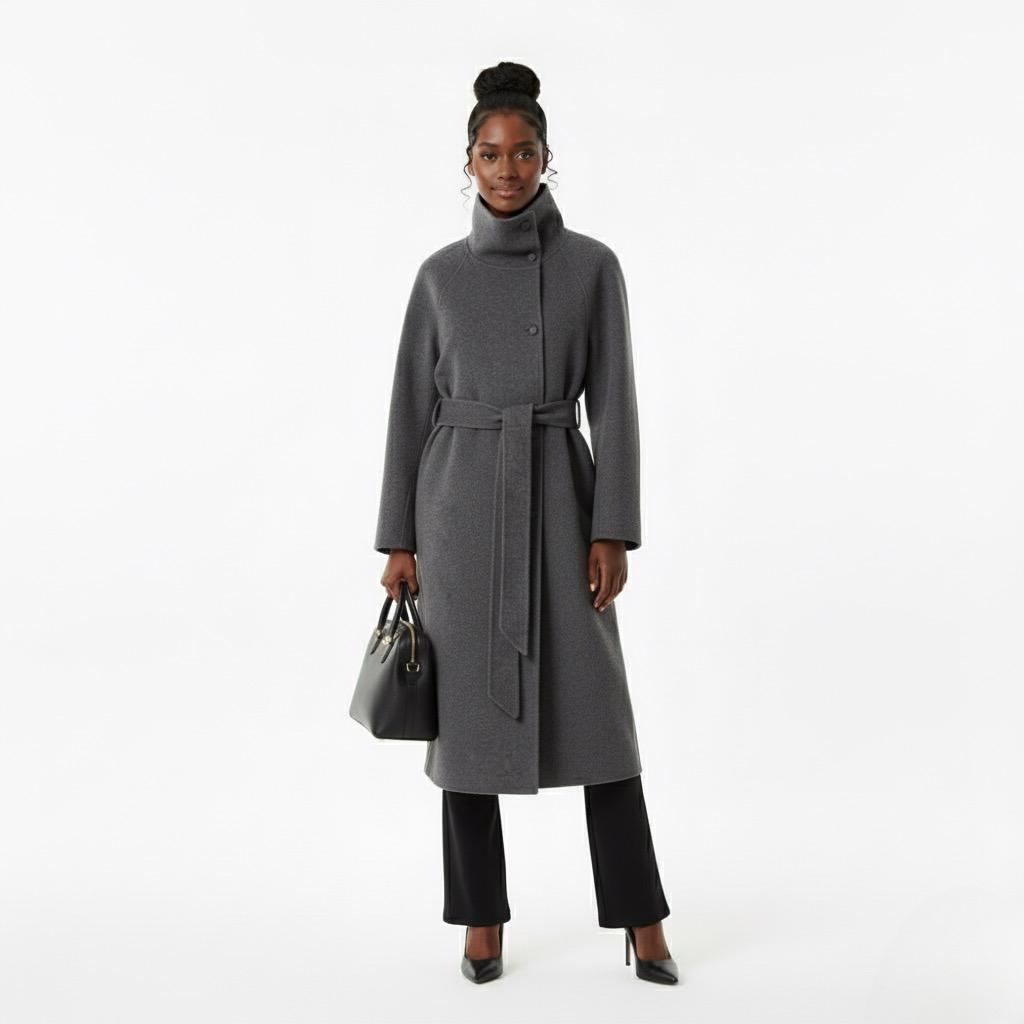 Elegant Woolen Lace-Up Coat – High Neck, Single-Breasted, with Pockets