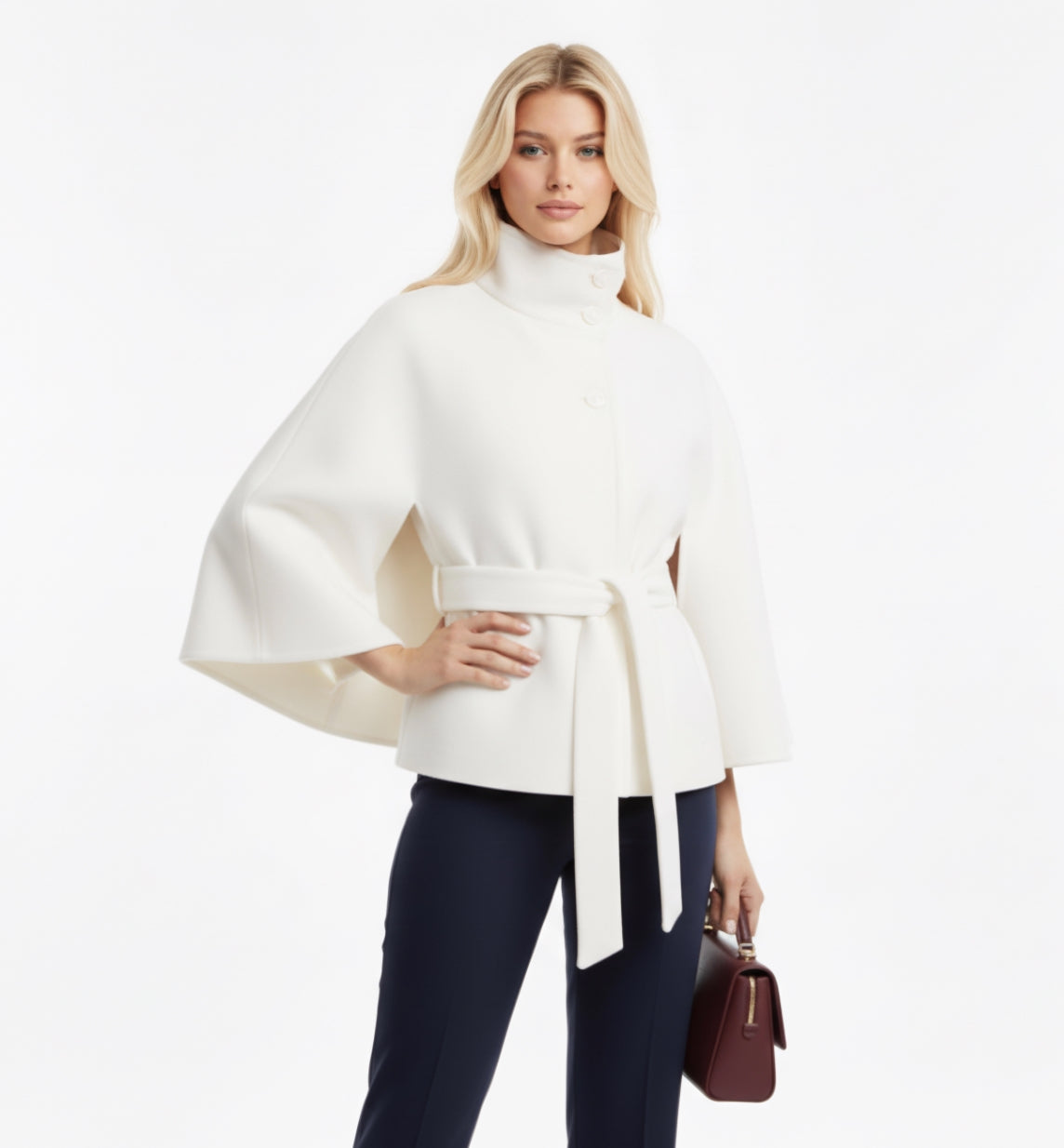 Autumn Wool Cropped Cloak Coat with Belt – Stand Collar, Button Front, Loose Long Sleeve Jacket