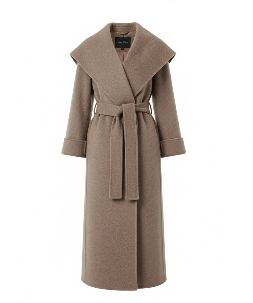 Elegant Wool Wrap Coat – Women’s Belted Long Lapel Overcoat, Full Sleeve