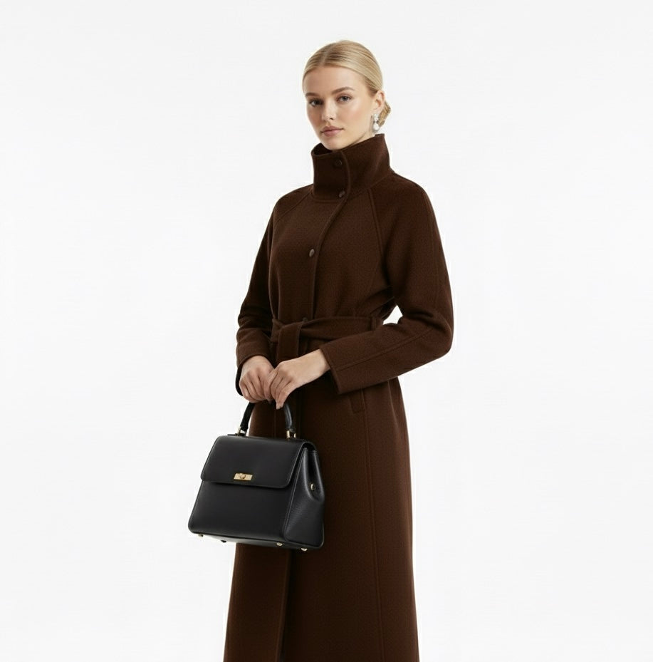 Elegant Woolen Lace-Up Coat – High Neck, Single-Breasted, with Pockets