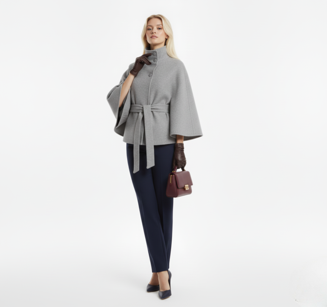 Autumn Wool Cropped Cloak Coat with Belt – Stand Collar, Button Front, Loose Long Sleeve Jacket