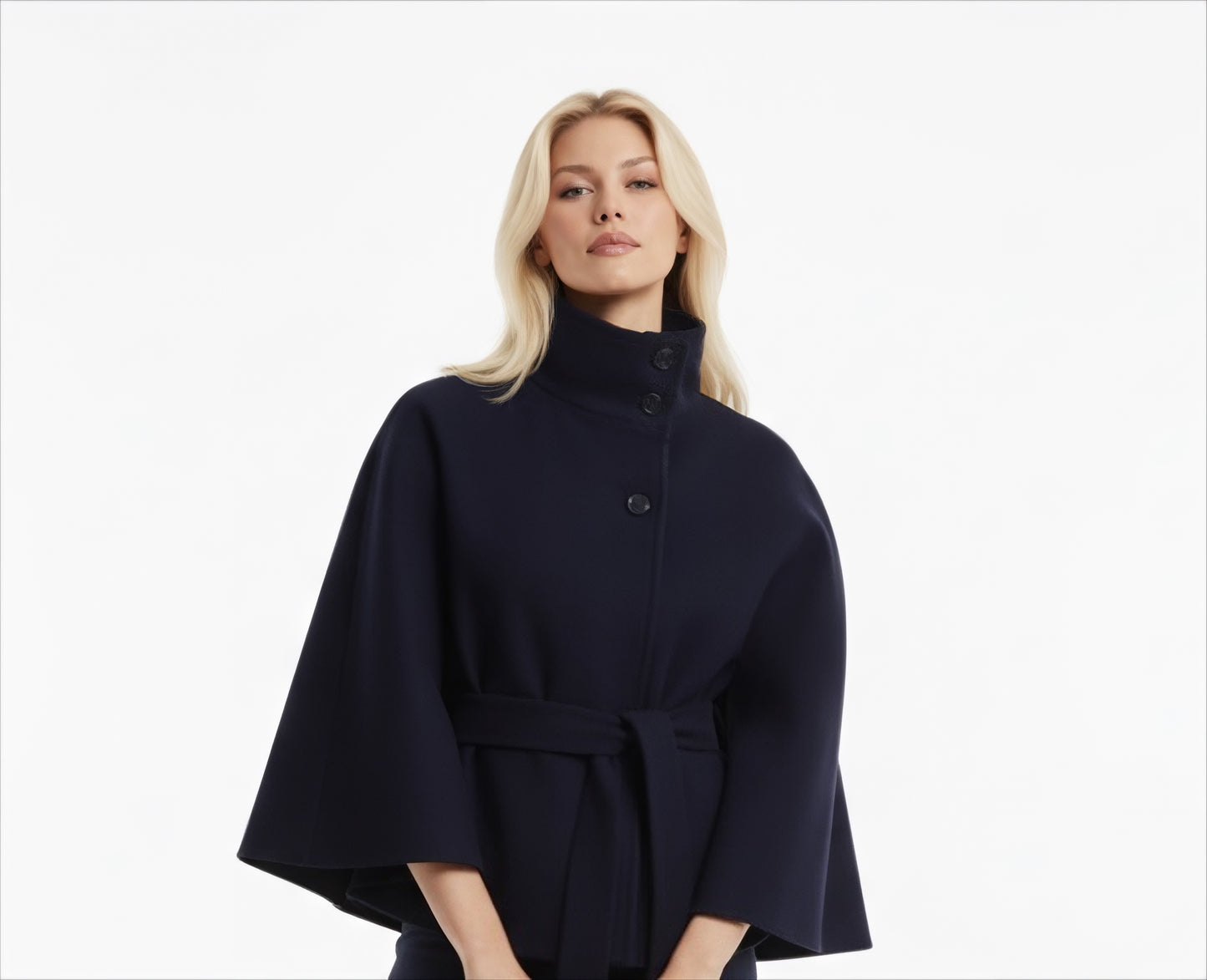 Autumn Wool Cropped Cloak Coat with Belt – Stand Collar, Button Front, Loose Long Sleeve Jacket