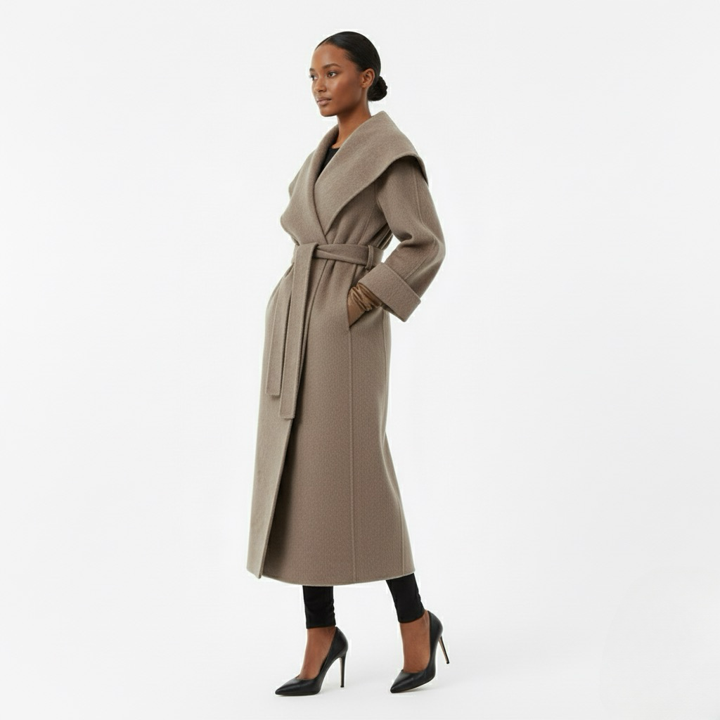 Elegant Wool Wrap Coat – Women’s Belted Long Lapel Overcoat, Full Sleeve