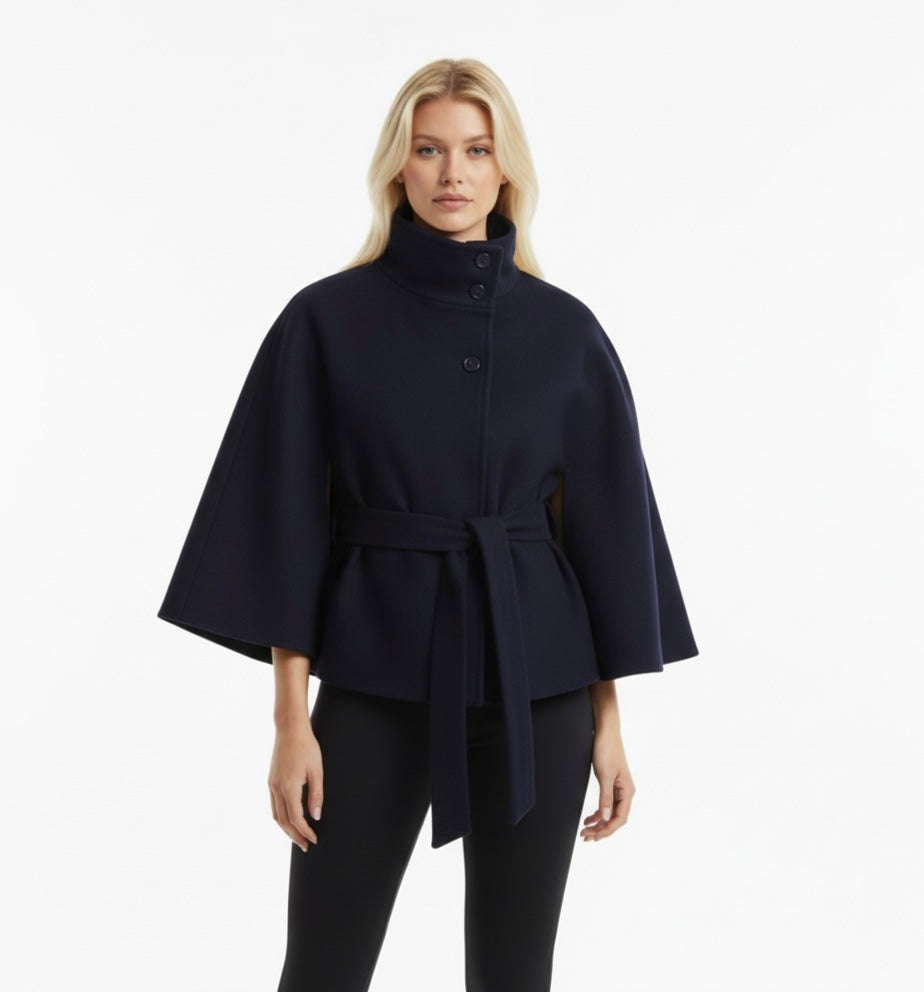 Autumn Wool Cropped Cloak Coat with Belt – Stand Collar, Button Front, Loose Long Sleeve Jacket