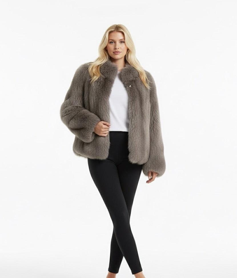 Short Brown Faux Fur Jacket with Lapel & Long Sleeves