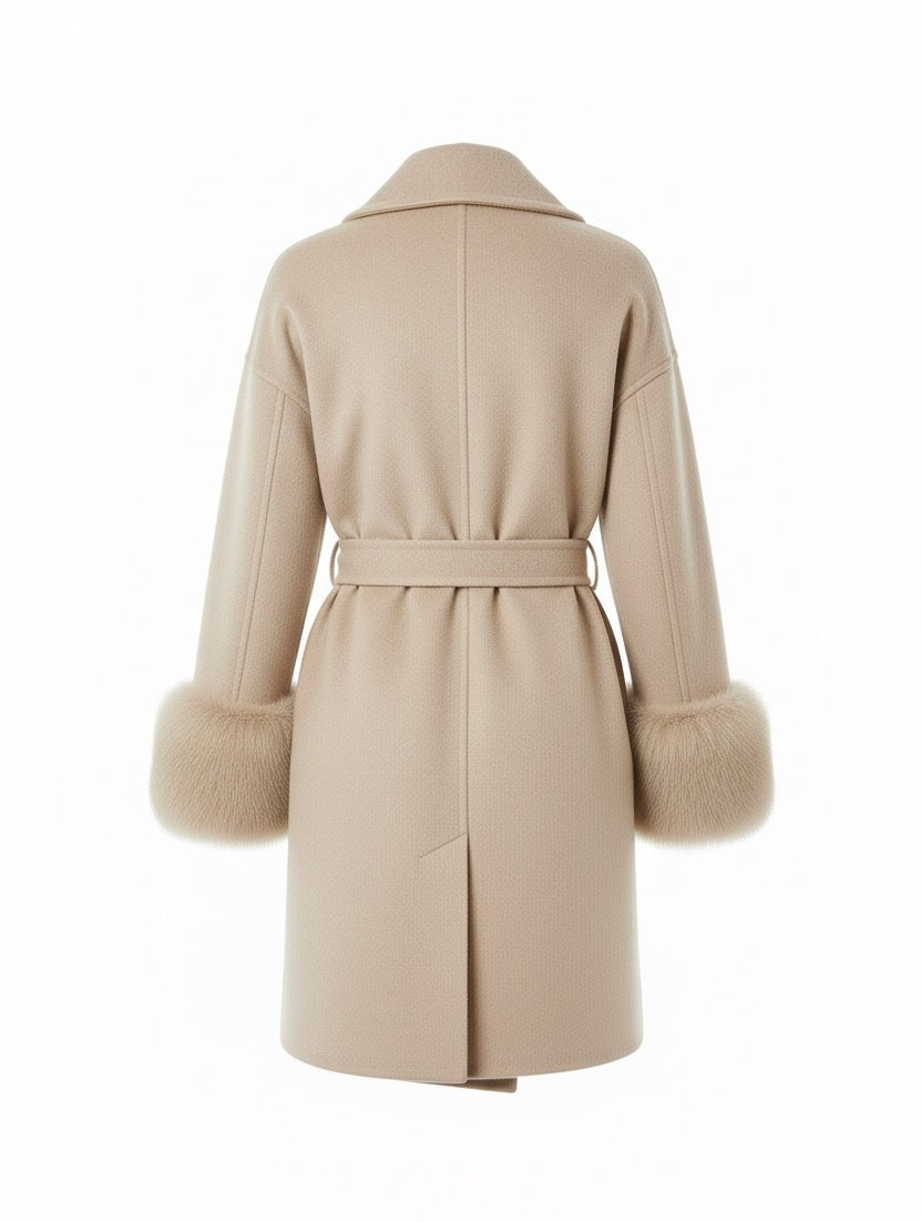 Elegant Woolen Coat – Fur Patchwork, Long Sleeve Jacket
