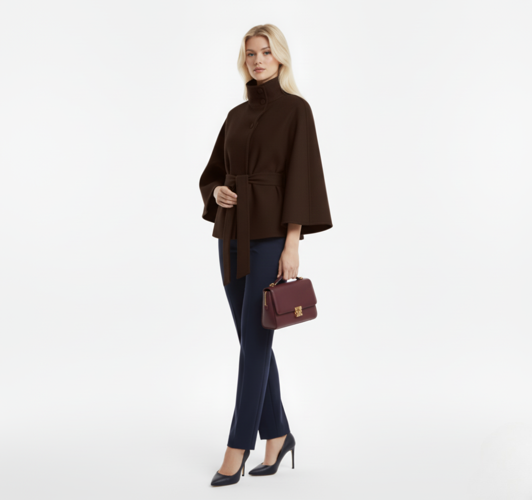 Autumn Wool Cropped Cloak Coat with Belt – Stand Collar, Button Front, Loose Long Sleeve Jacket