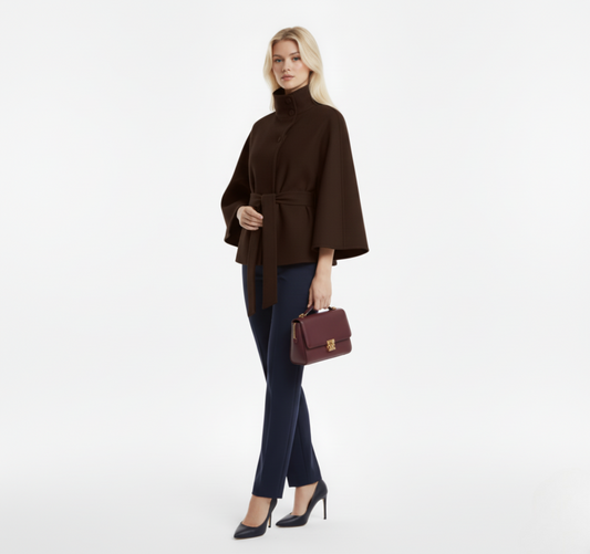 Autumn Wool Cropped Cloak Coat with Belt – Stand Collar, Button Front, Loose Long Sleeve Jacket