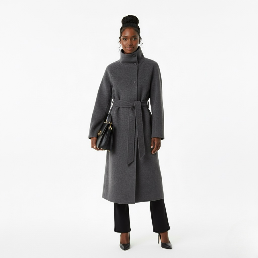 Elegant Woolen Lace-Up Coat – High Neck, Single-Breasted, with Pockets