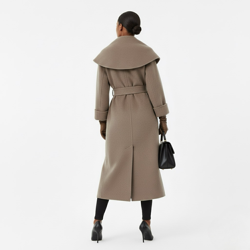 Elegant Wool Wrap Coat – Women’s Belted Long Lapel Overcoat, Full Sleeve