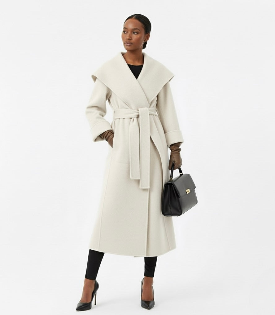 Elegant Wool Wrap Coat – Women’s Belted Long Lapel Overcoat, Full Sleeve