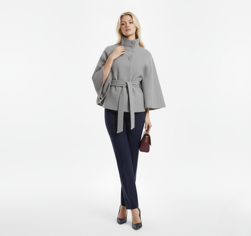 Autumn Wool Cropped Cloak Coat with Belt – Stand Collar, Button Front, Loose Long Sleeve Jacket