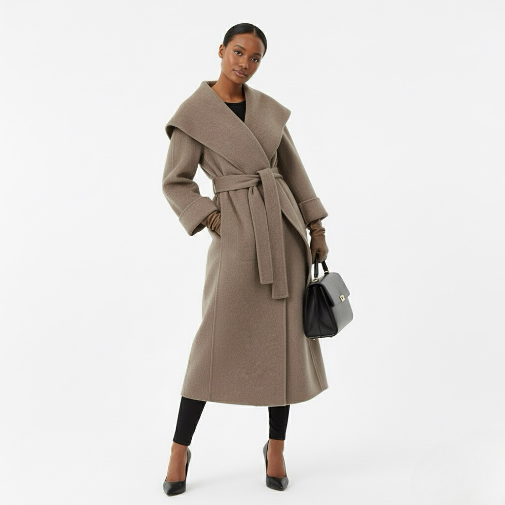 Elegant Wool Wrap Coat – Women’s Belted Long Lapel Overcoat, Full Sleeve