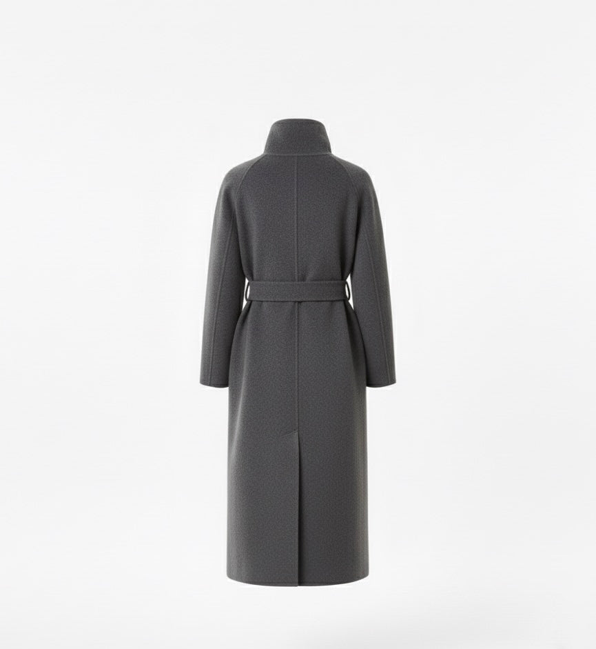 Elegant Woolen Lace-Up Coat – High Neck, Single-Breasted, with Pockets