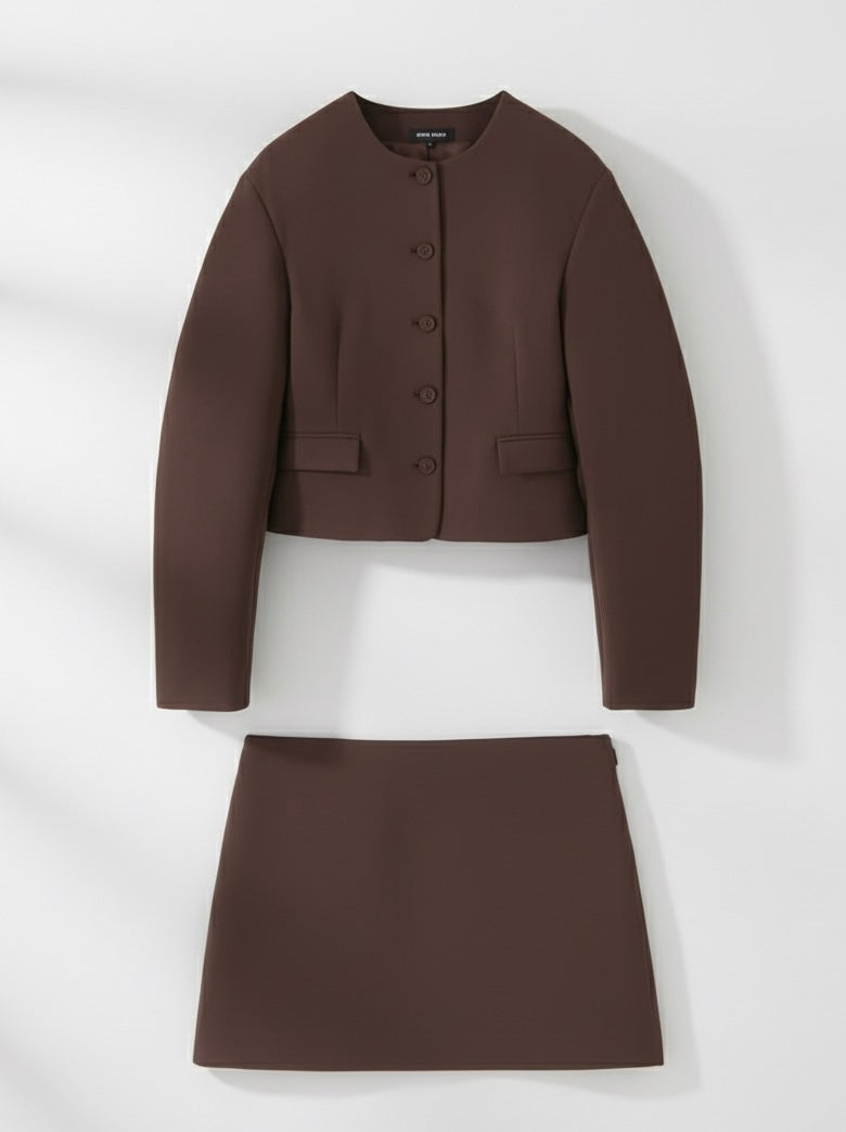 Elegant Solid Blazer Top & High-Waist A-Line Mini Skirt Set