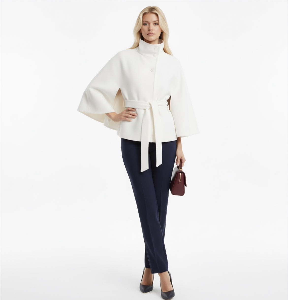 Autumn Wool Cropped Cloak Coat with Belt – Stand Collar, Button Front, Loose Long Sleeve Jacket