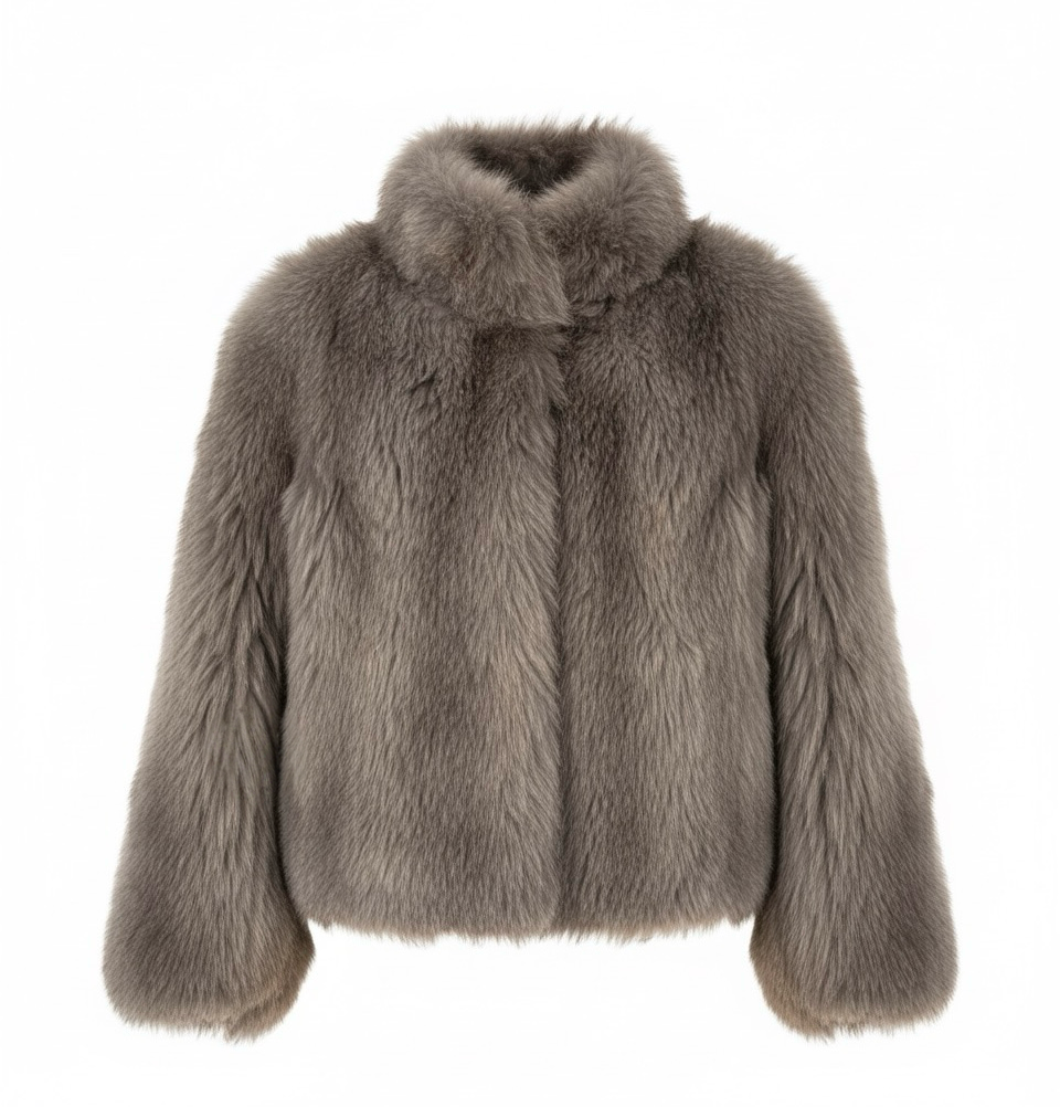Short Brown Faux Fur Jacket with Lapel & Long Sleeves
