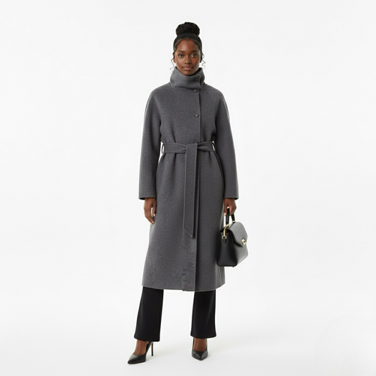 Elegant Woolen Lace-Up Coat – High Neck, Single-Breasted, with Pockets