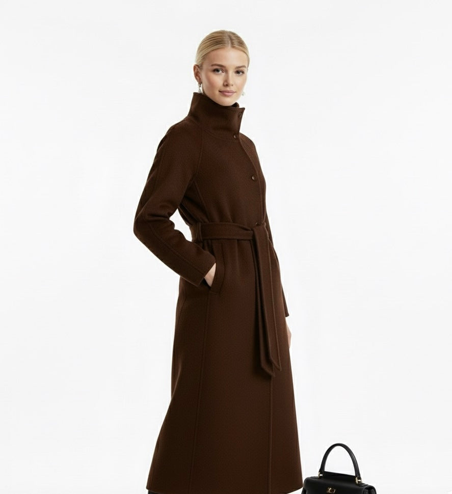 Elegant Woolen Lace-Up Coat – High Neck, Single-Breasted, with Pockets