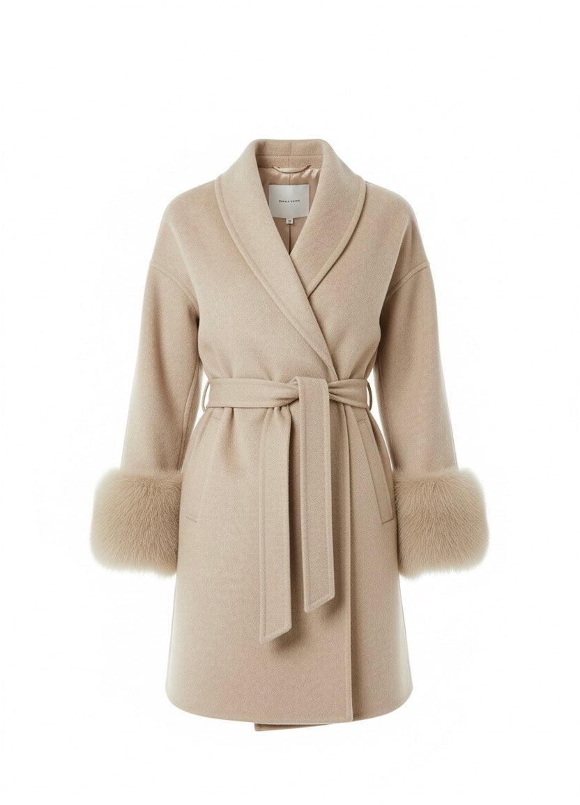 Elegant Woolen Coat – Fur Patchwork, Long Sleeve Jacket