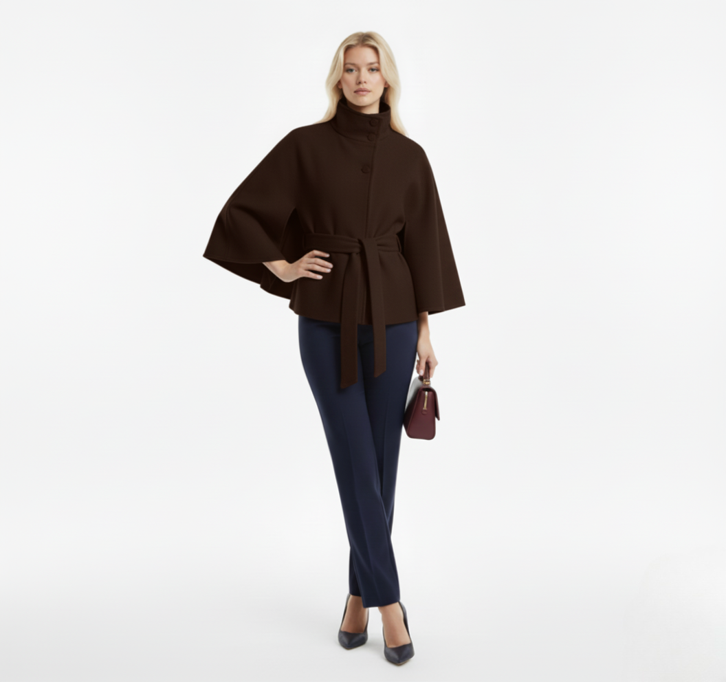Autumn Wool Cropped Cloak Coat with Belt – Stand Collar, Button Front, Loose Long Sleeve Jacket