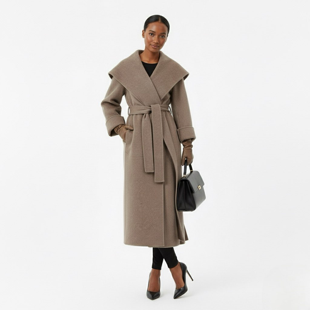Elegant Wool Wrap Coat – Women’s Belted Long Lapel Overcoat, Full Sleeve