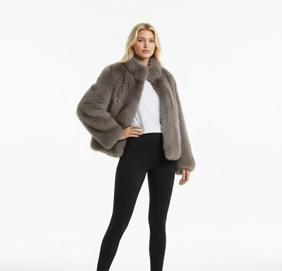 Short Brown Faux Fur Jacket with Lapel & Long Sleeves
