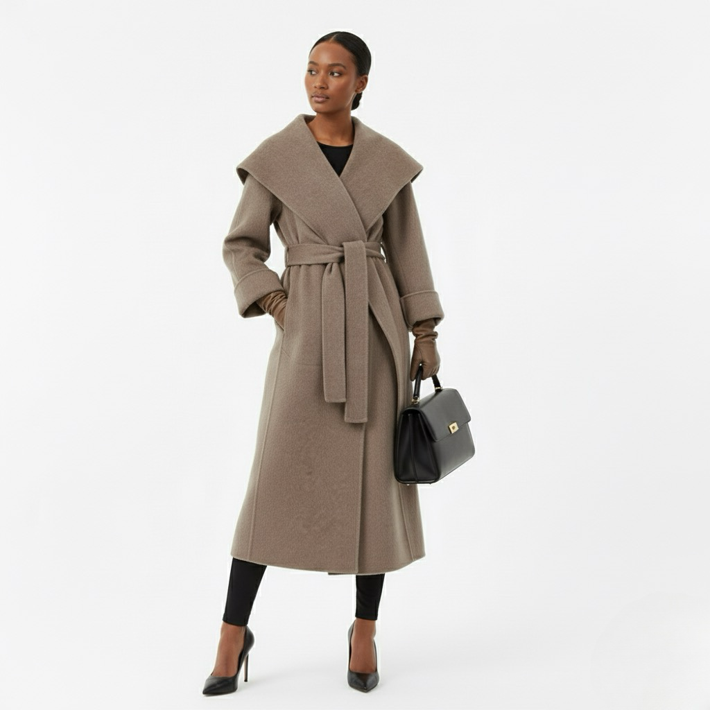 Elegant Wool Wrap Coat – Women’s Belted Long Lapel Overcoat, Full Sleeve