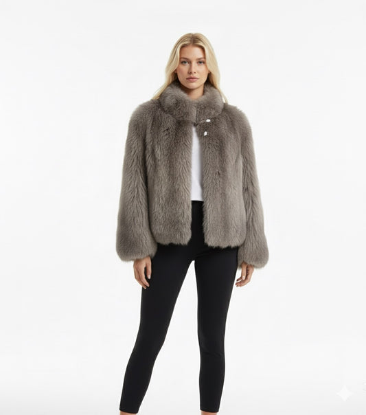 Short Brown Faux Fur Jacket with Lapel & Long Sleeves