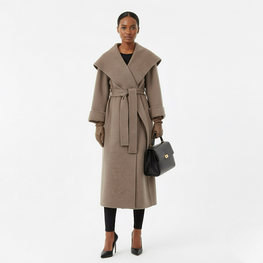 Elegant Wool Wrap Coat – Women’s Belted Long Lapel Overcoat, Full Sleeve