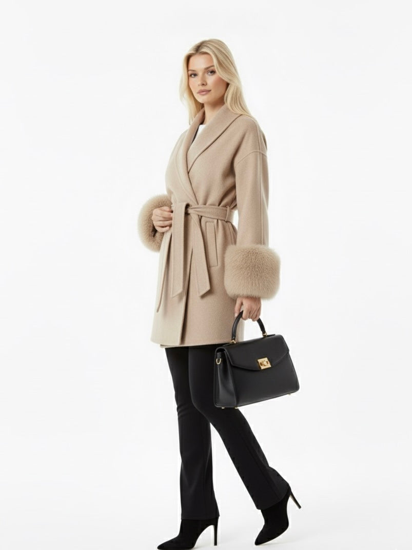 Elegant Woolen Coat – Fur Patchwork, Long Sleeve Jacket