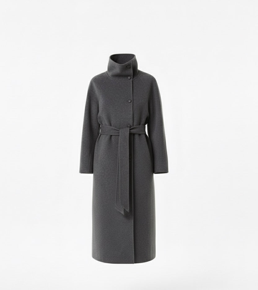 Elegant Woolen Lace-Up Coat – High Neck, Single-Breasted, with Pockets