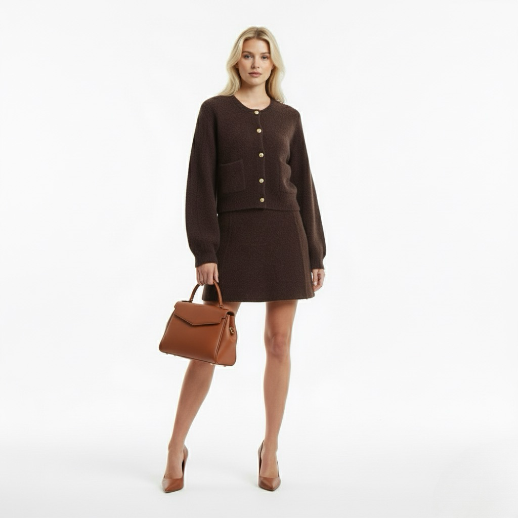 Chic Knitted Two-Piece Suit with Gold Buttons Set