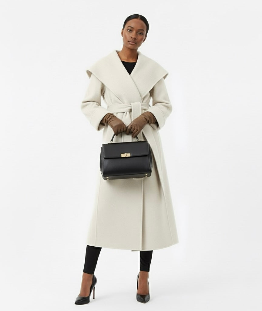 Elegant Wool Wrap Coat – Women’s Belted Long Lapel Overcoat, Full Sleeve