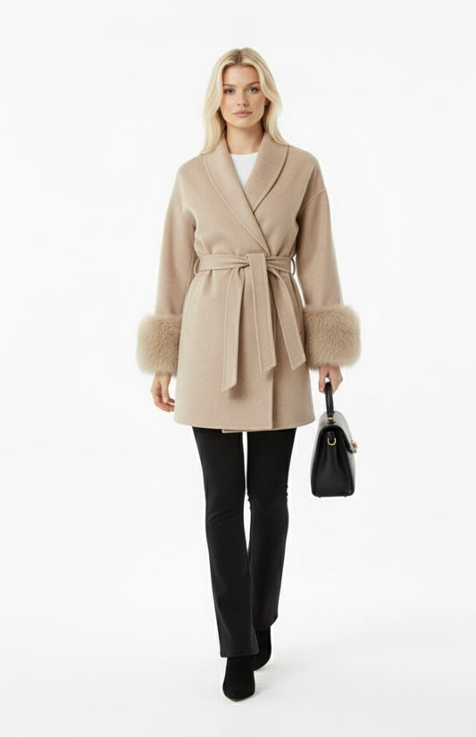 Elegant Woolen Coat – Fur Patchwork, Long Sleeve Jacket
