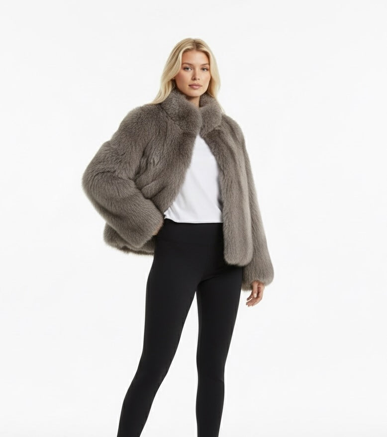 Short Brown Faux Fur Jacket with Lapel & Long Sleeves