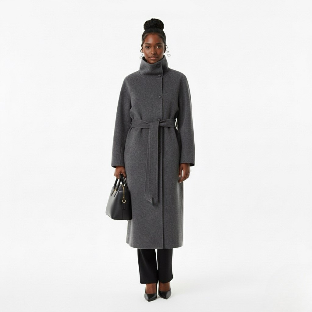 Elegant Woolen Lace-Up Coat – High Neck, Single-Breasted, with Pockets