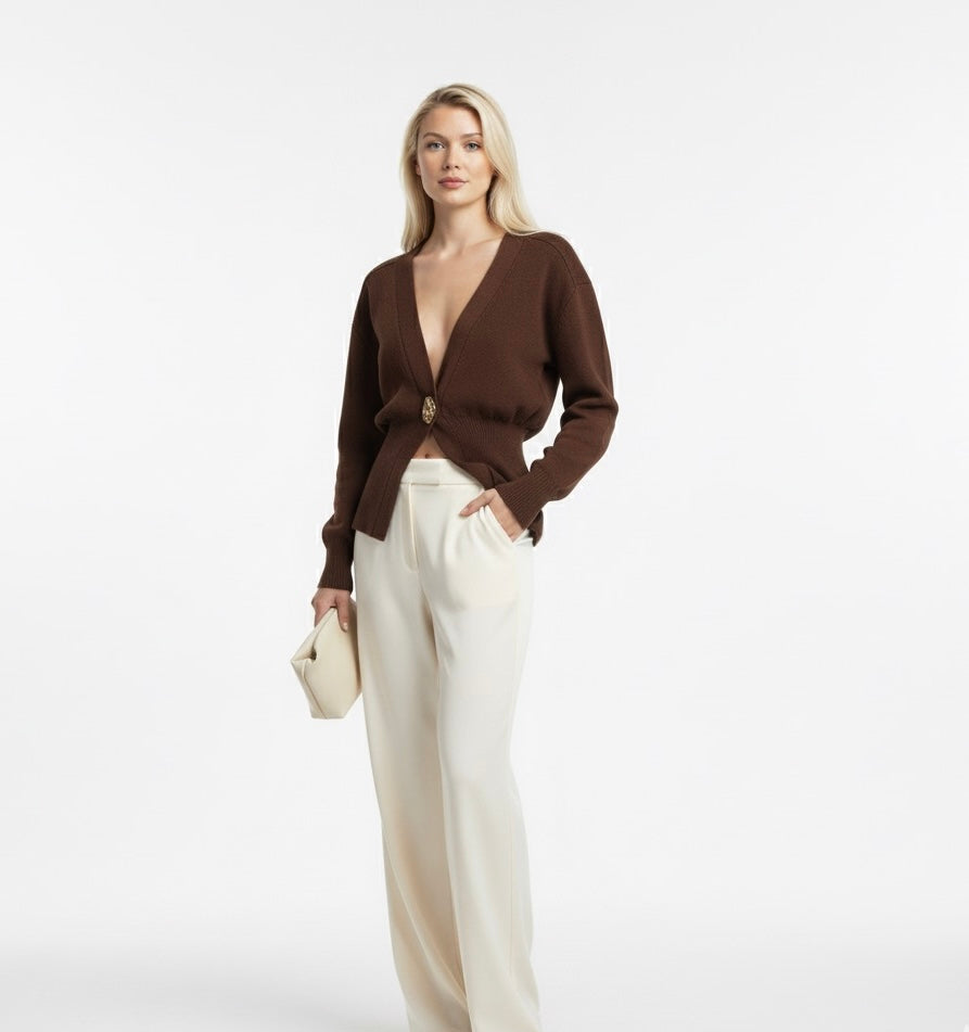 Elegant Knit Cardigan for Women – Casual V-Neck Sweater with One Button