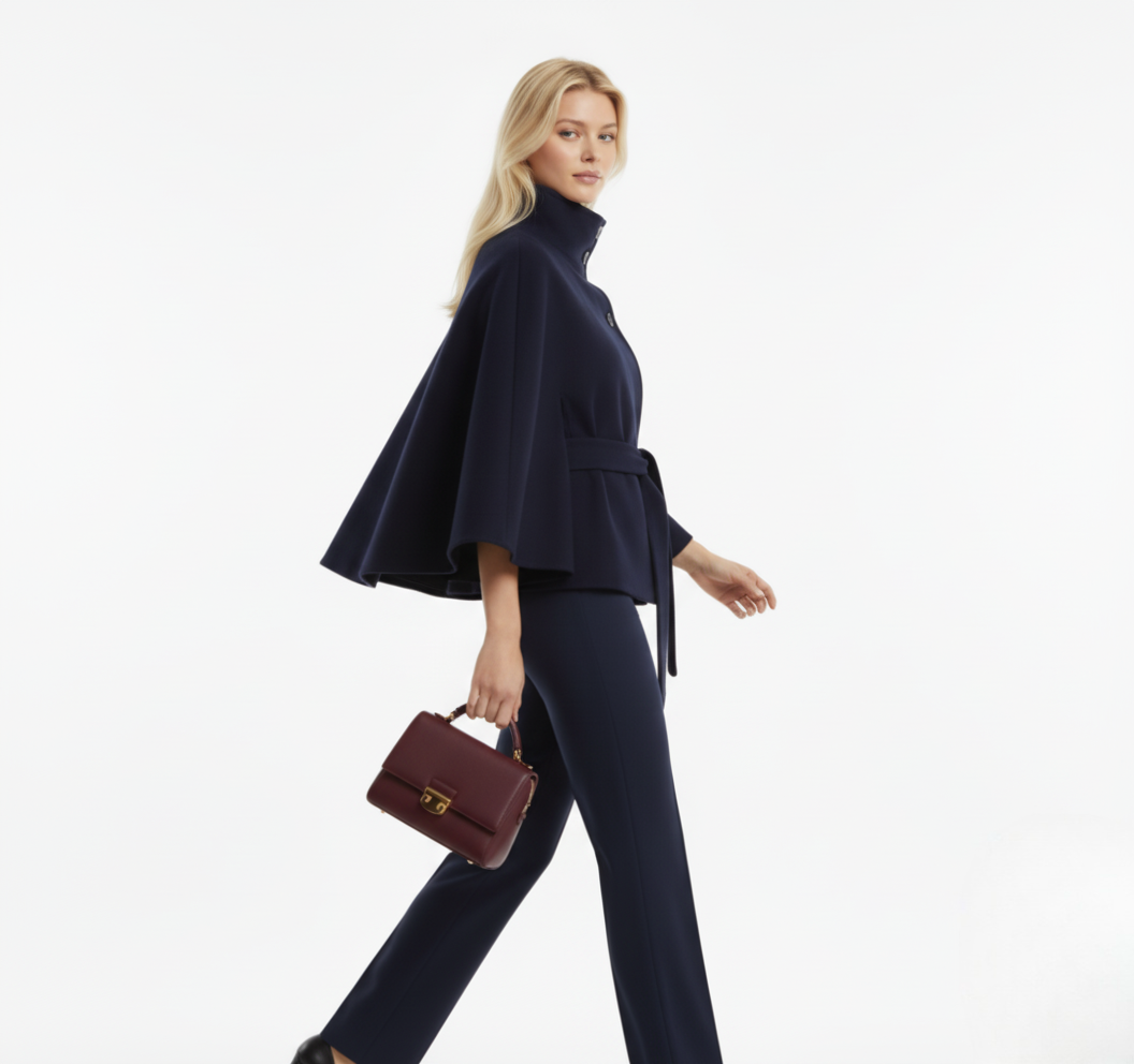 Autumn Wool Cropped Cloak Coat with Belt – Stand Collar, Button Front, Loose Long Sleeve Jacket