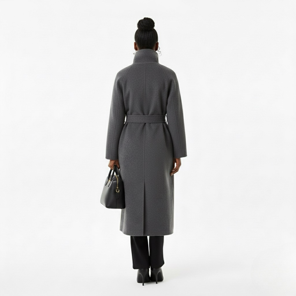 Elegant Woolen Lace-Up Coat – High Neck, Single-Breasted, with Pockets