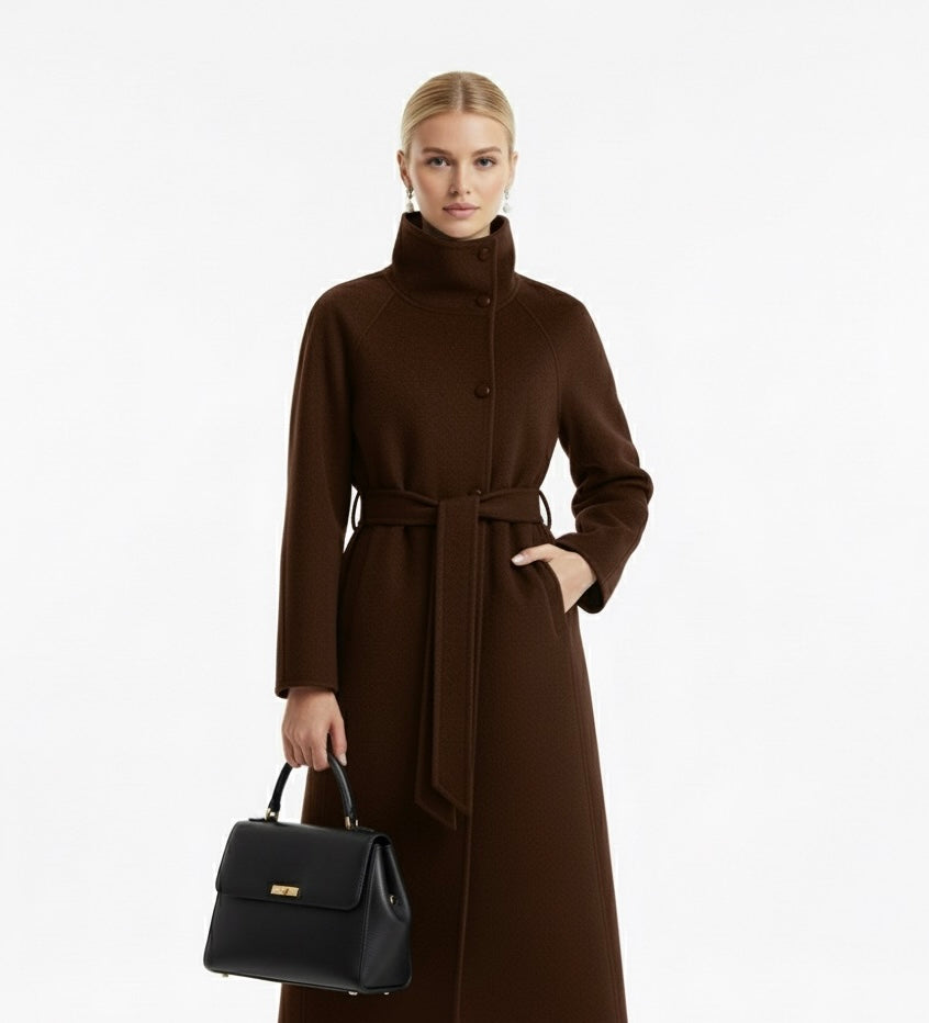 Elegant Woolen Lace-Up Coat – High Neck, Single-Breasted, with Pockets