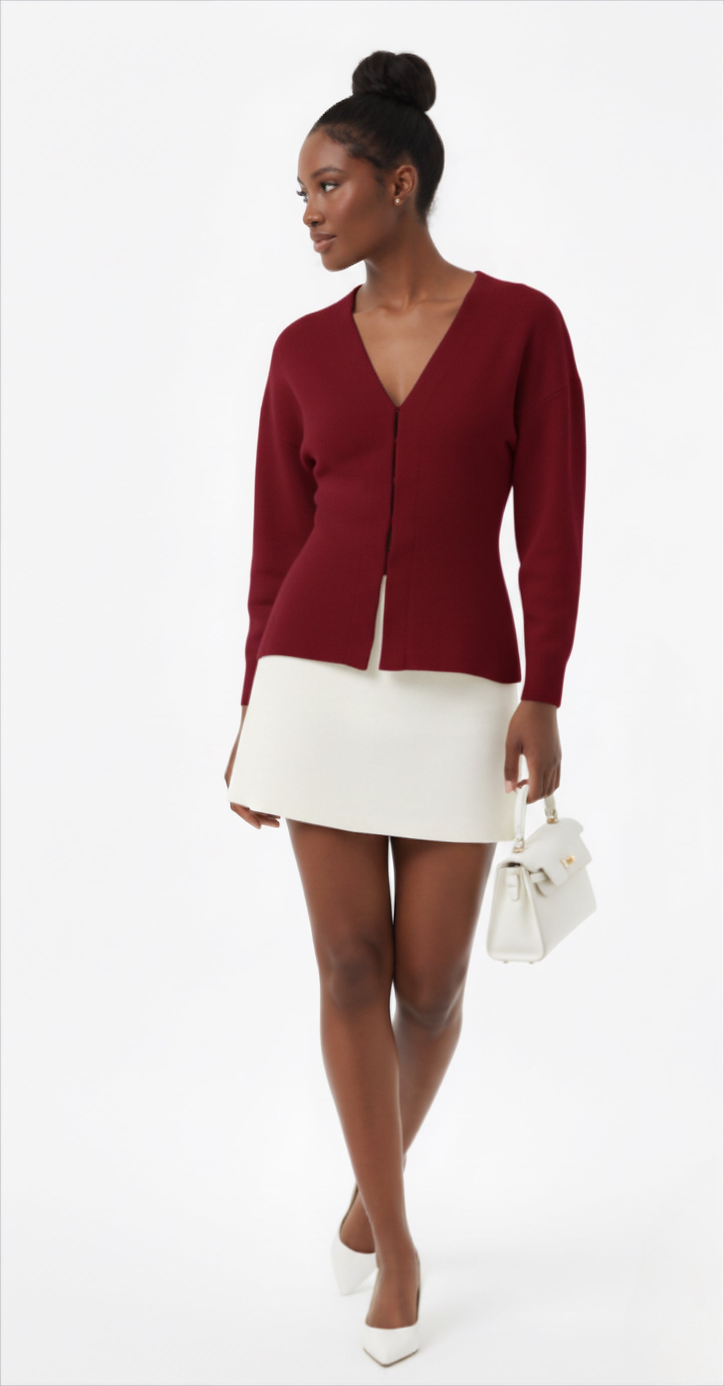 Vintage Red Knit Cardigan with Front Hooks, V-Neck & Side-Split Hem