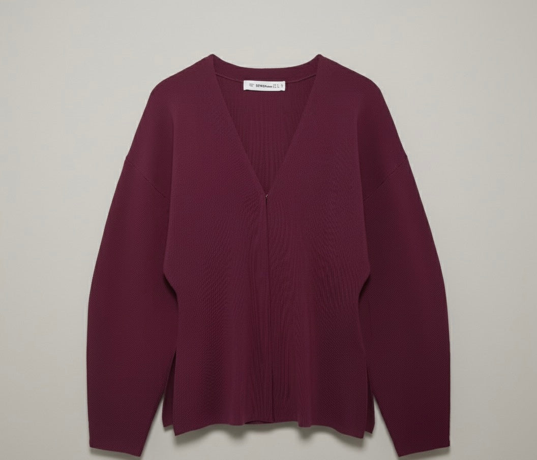 Vintage Red Knit Cardigan with Front Hooks, V-Neck & Side-Split Hem