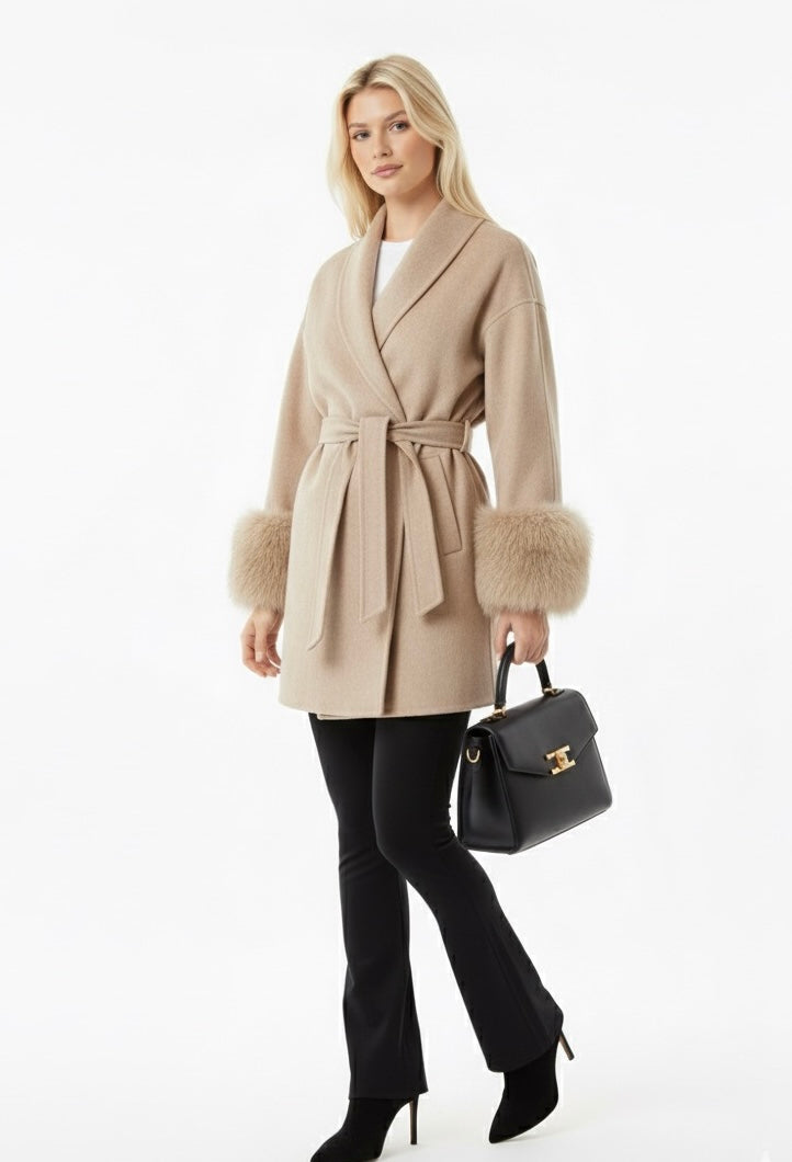 Elegant Woolen Coat – Fur Patchwork, Long Sleeve Jacket