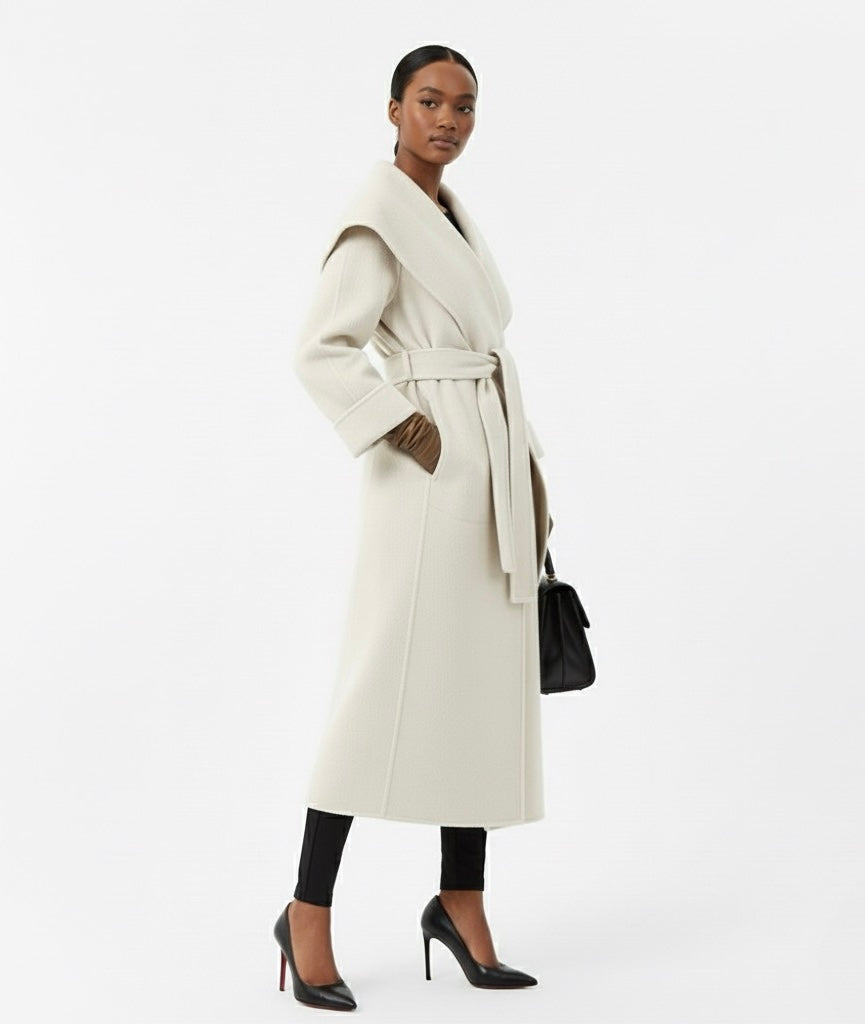 Elegant Wool Wrap Coat – Women’s Belted Long Lapel Overcoat, Full Sleeve